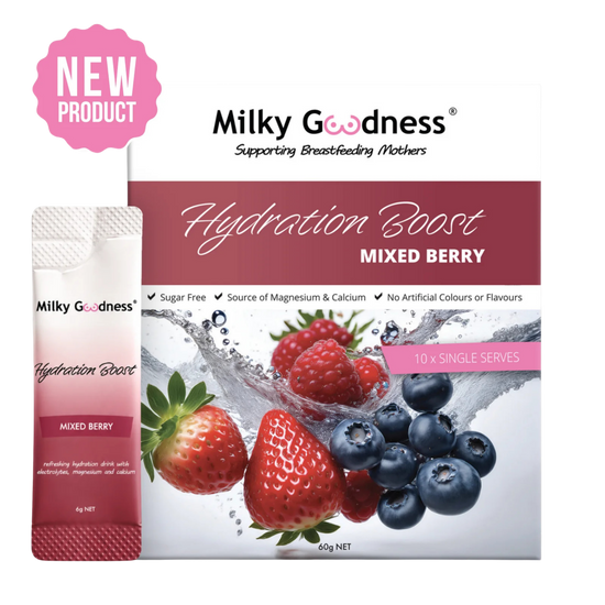 Milky Goodness Hydration Boost Mixed Berry drink mix packaging, showing a large box with strawberries, blueberries, and water splash artwork, plus a single sachet beside it. A pink circular badge at top left says NEW PRODUCT.
