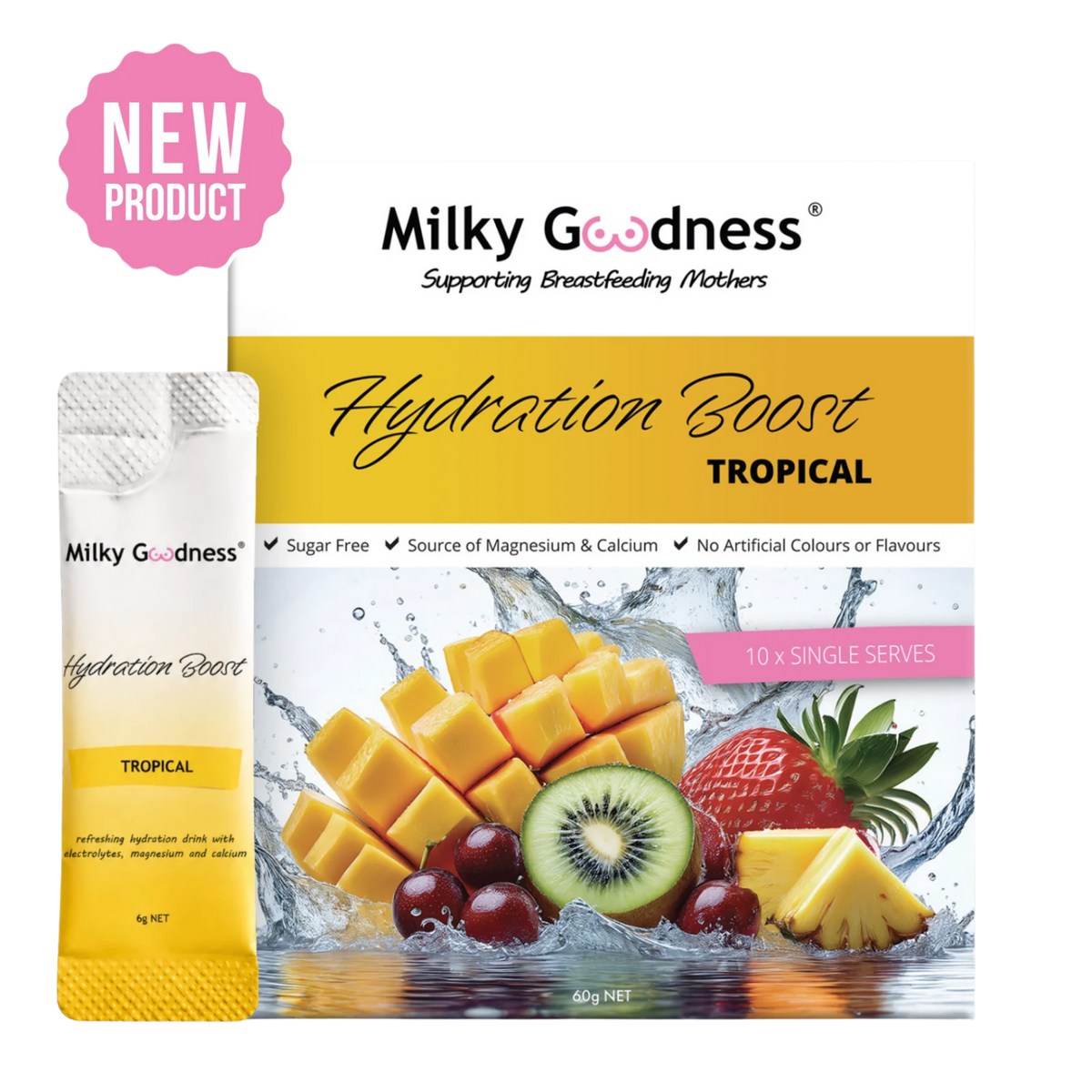 Milky Goodness Hydration Boost Tropical drink mix packaging showing the main box with fruit graphics and a single sachet beside it, plus a pink 'NEW PRODUCT' badge.