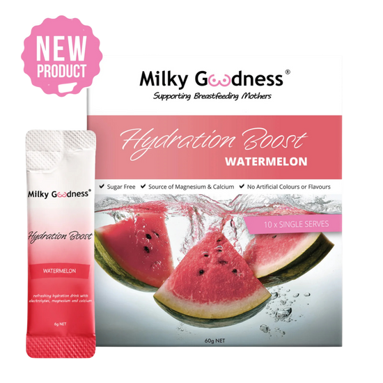 Milky Goodness Hydration Boost Watermelon powder pouch shown next to its retail box, featuring watermelon slices on the packaging with a pink 'NEW PRODUCT' badge.