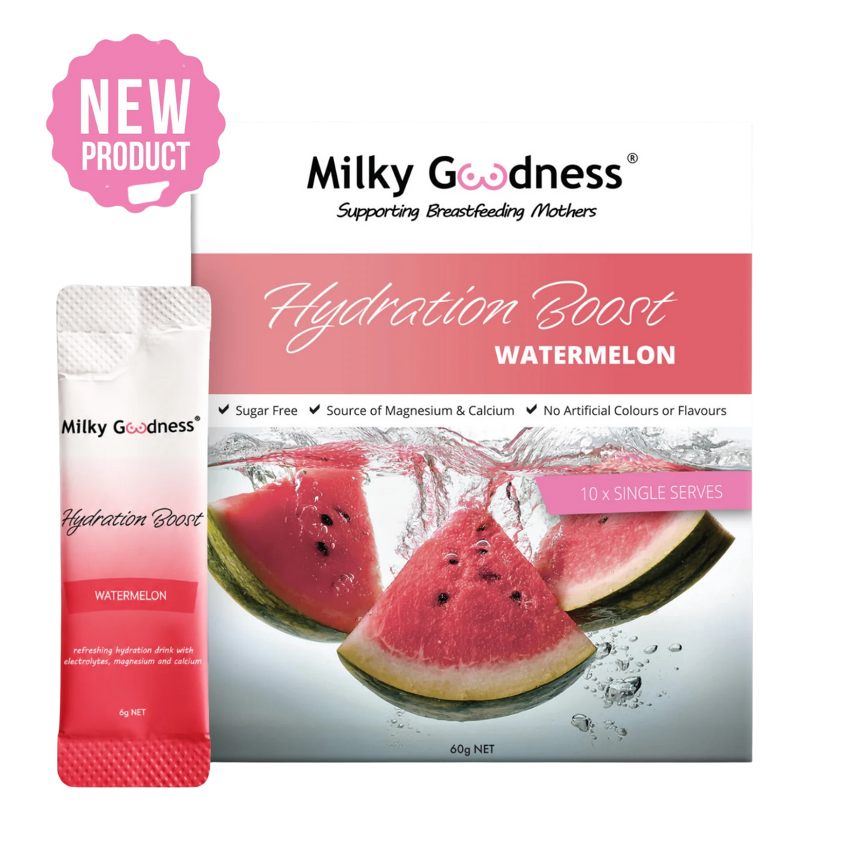 Milky Goodness Hydration Boost Watermelon powder pouch shown next to its retail box, featuring watermelon slices on the packaging with a pink 'NEW PRODUCT' badge.
