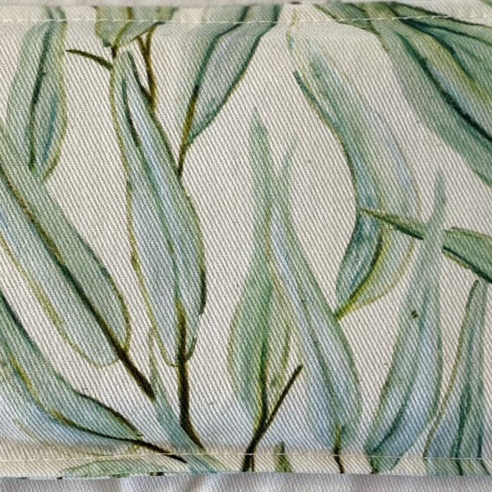 Lavender eye pillow rectangle Fabric with white base colour and green gum leaves pattern