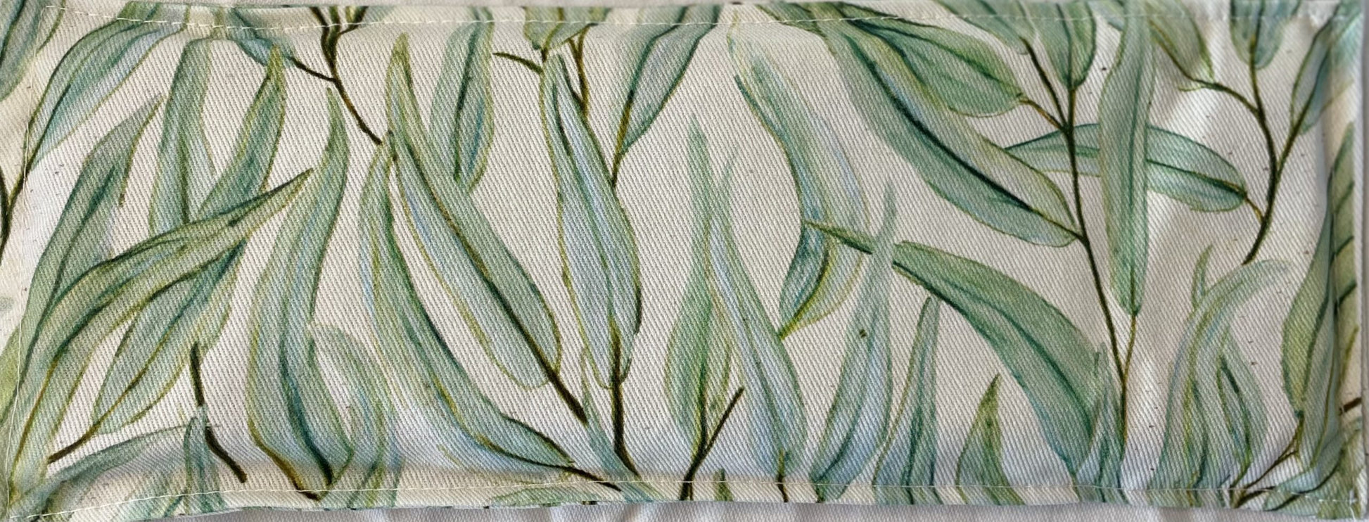 Lavender eye pillow rectangle Fabric with white base colour and green gum leaves pattern
