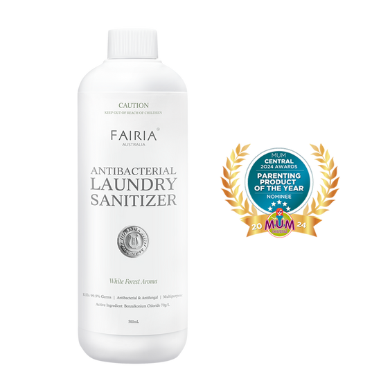 Fairia Antibacterial Laundry Sanitizer white bottle white forest aroma with mum central award 2024