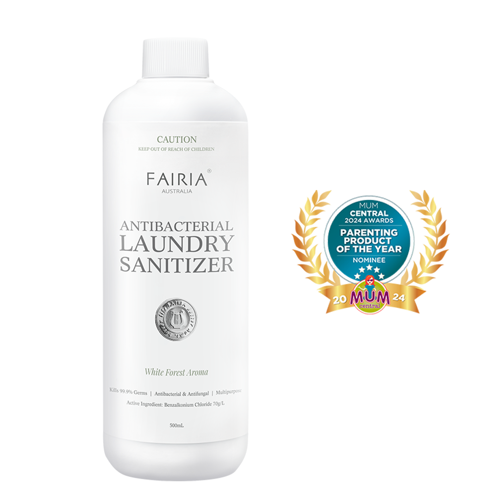 Fairia Antibacterial Laundry Sanitizer white bottle white forest aroma with mum central award 2024