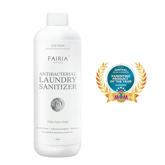 Fairia Antibacterial Laundry Sanitizer white bottle white forest aroma with mum central award 2024