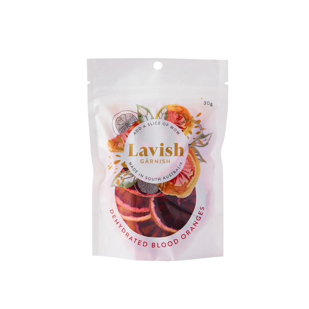 Lavish Garnish dehydrated blood oranges packaging on a white background