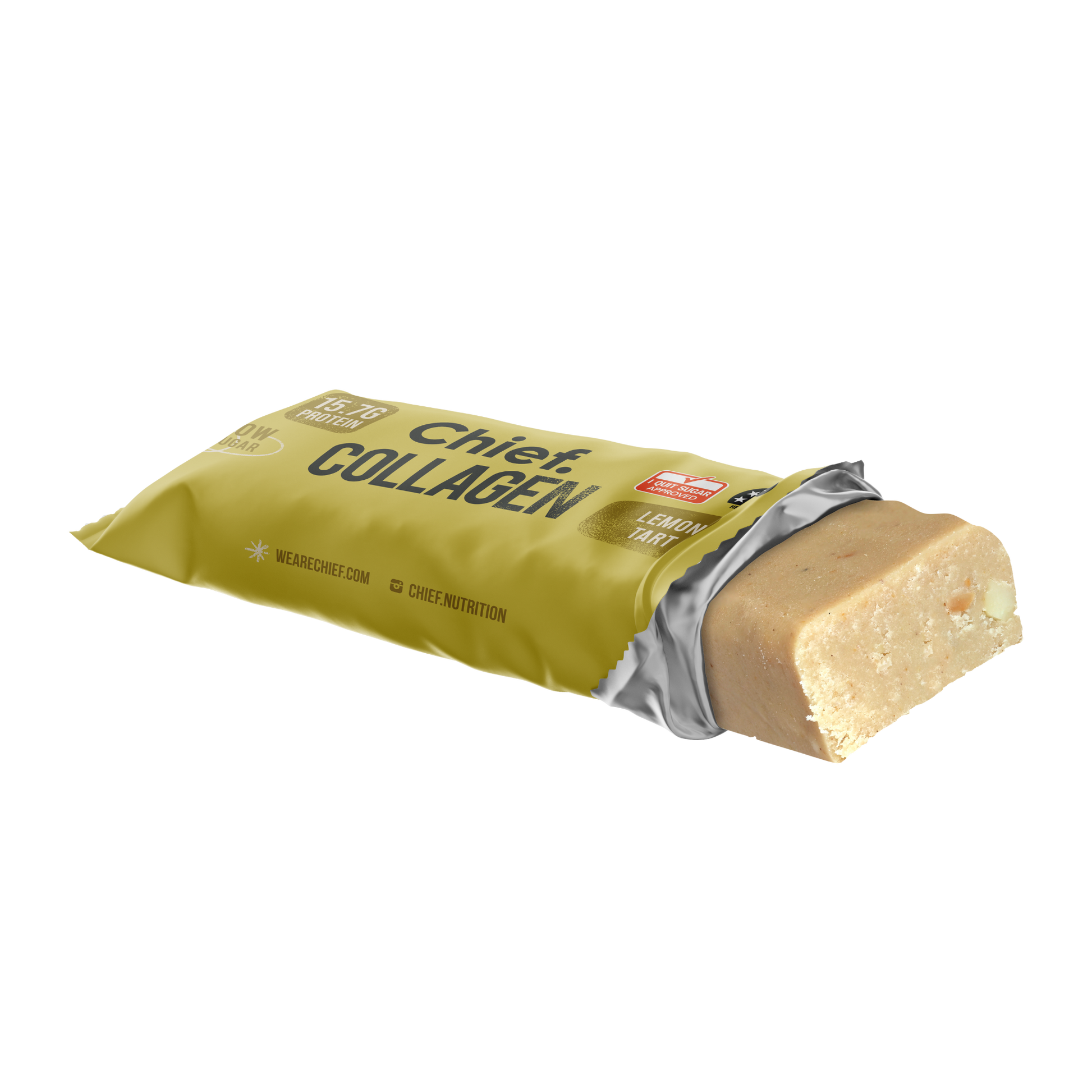 Chief Collagen protein bar with a lemon tart chief yellow packaging