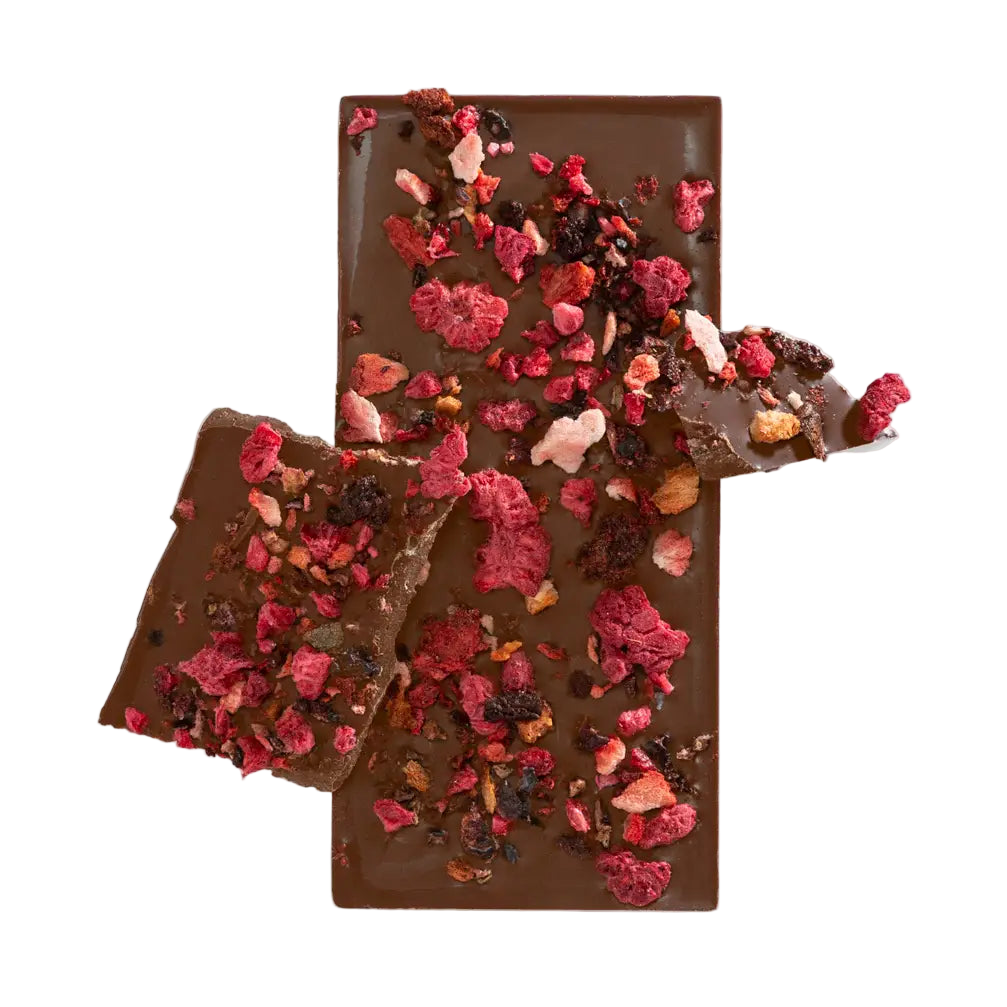 Chocolate bar with dried fruits on a white background