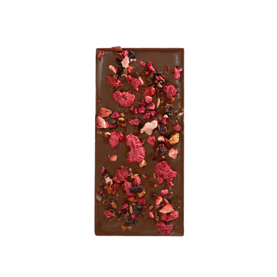 Chocolate bar with dried fruits on a white background