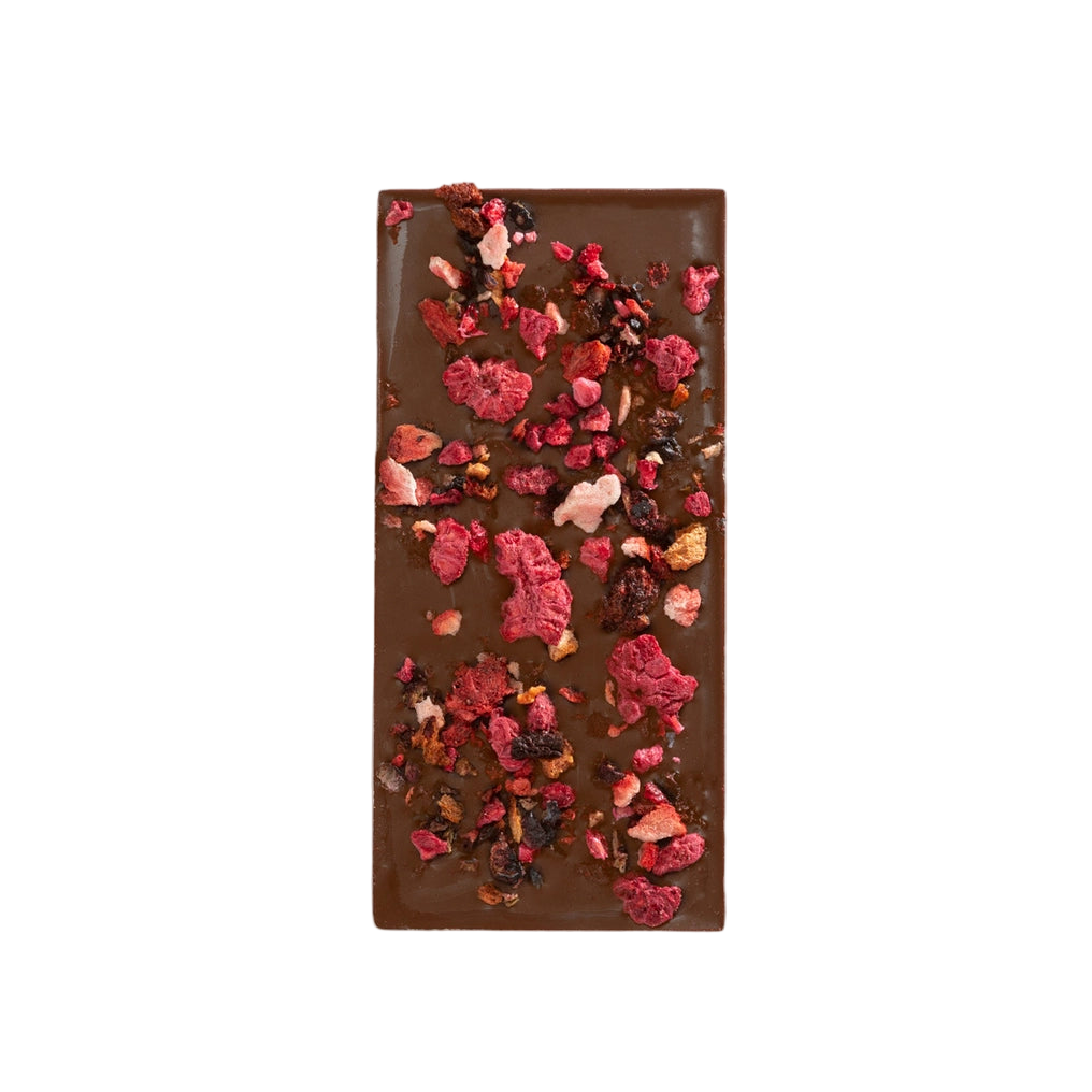 Chocolate bar with dried fruits on a white background