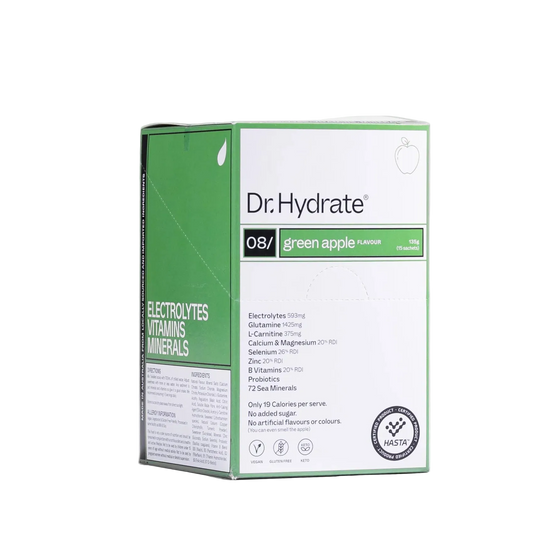 Box of Dr. Hydrate Green Apple electrolytes vitamins minerals supplement in green 15 sachets