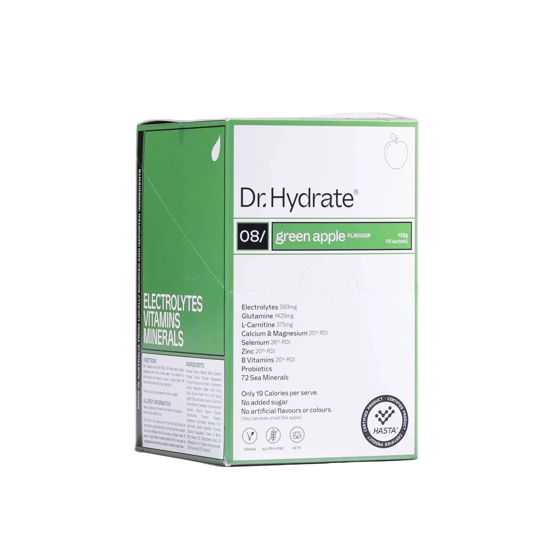 Box of Dr. Hydrate Green Apple electrolytes vitamins minerals supplement in green 15 sachets