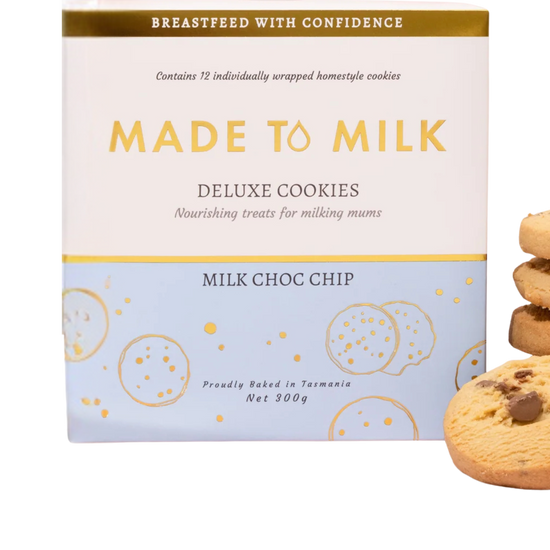 Box of 'Made to Milk' deluxe cookies with milk chocolate chip flavor.