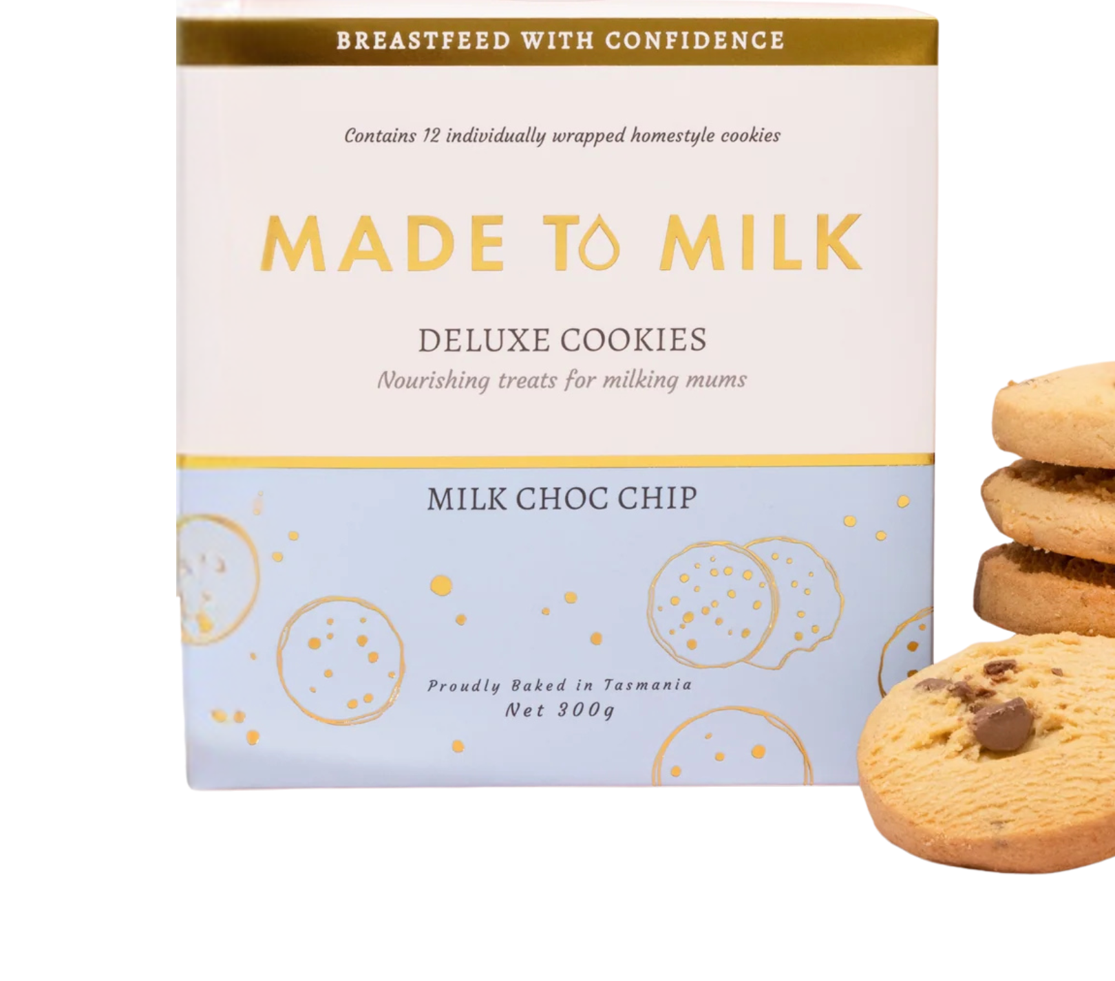 Box of 'Made to Milk' deluxe cookies with milk chocolate chip flavor.