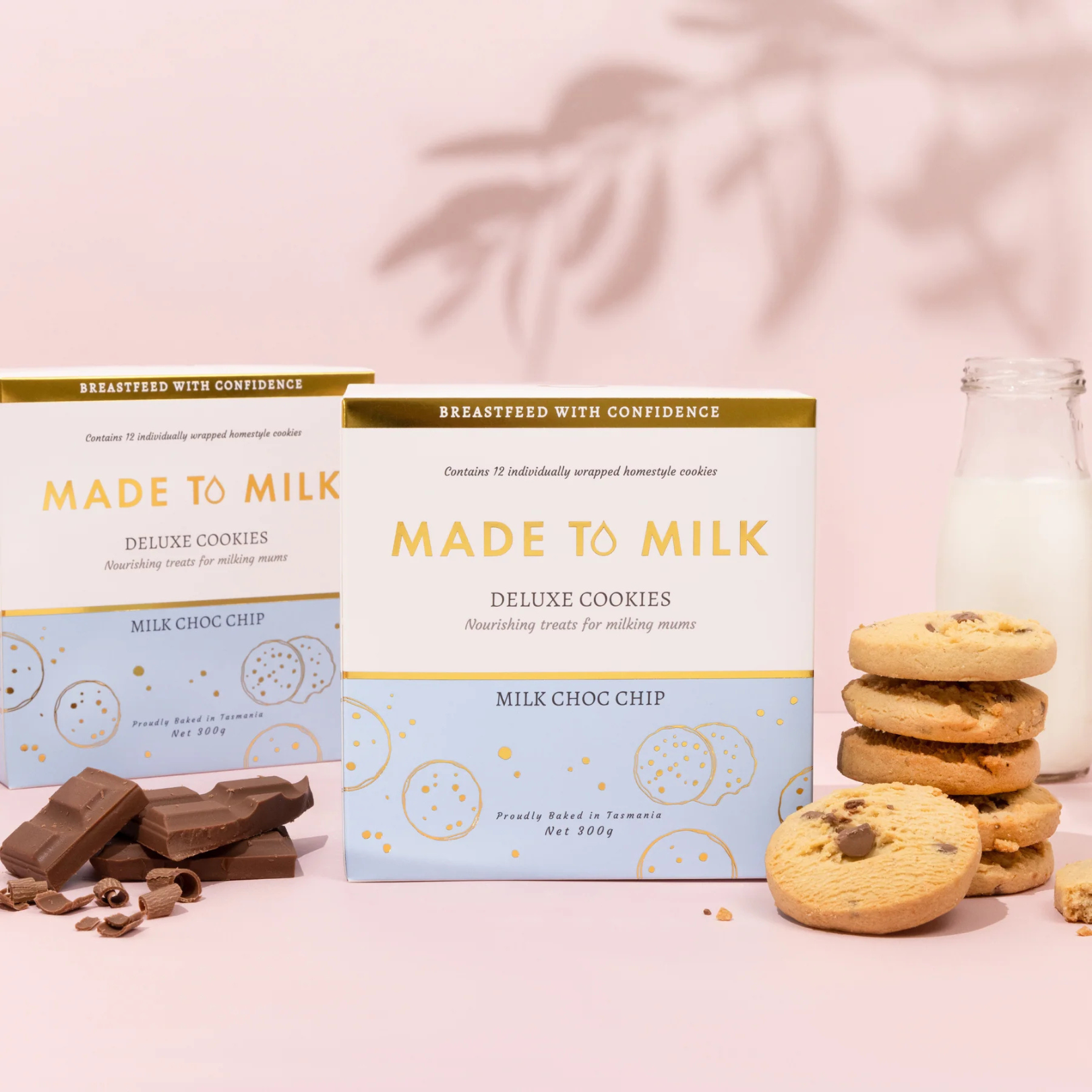 Made to Milk cookie boxes with cookies and chocolate bars