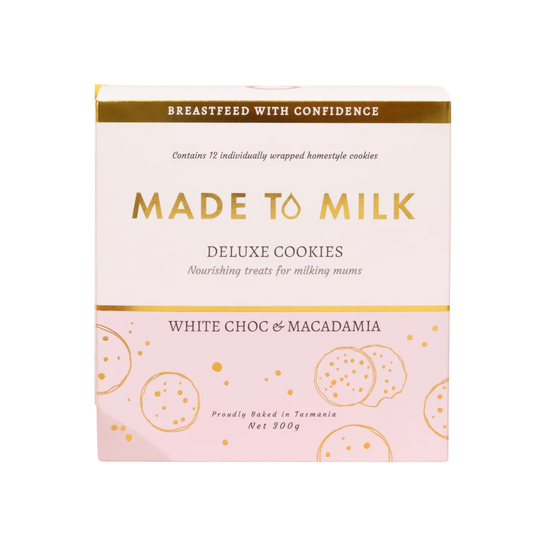 Box of 'Made to Milk' deluxe cookies with white chocolate and macadamia flavor