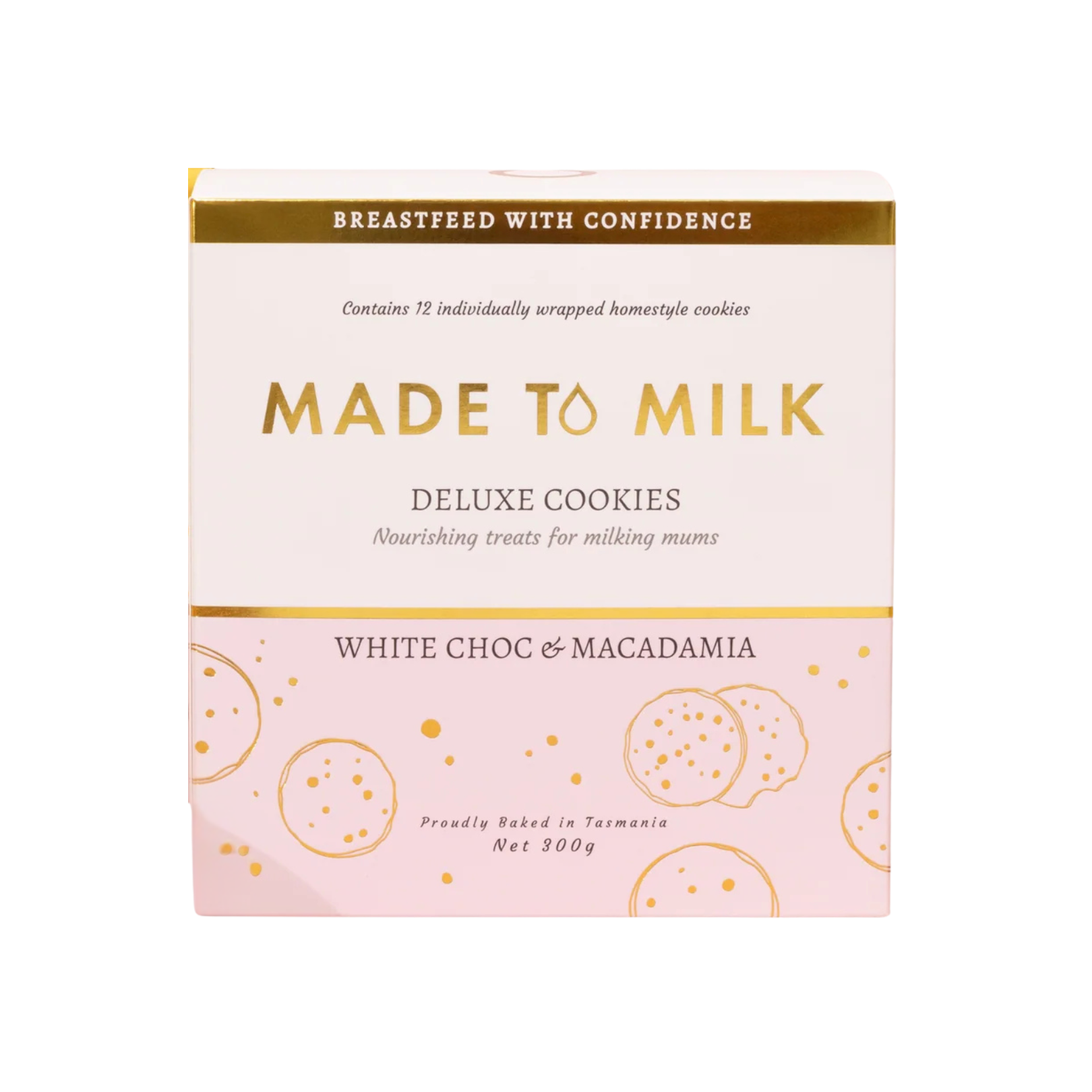 Box of 'Made to Milk' deluxe cookies with white chocolate and macadamia flavor