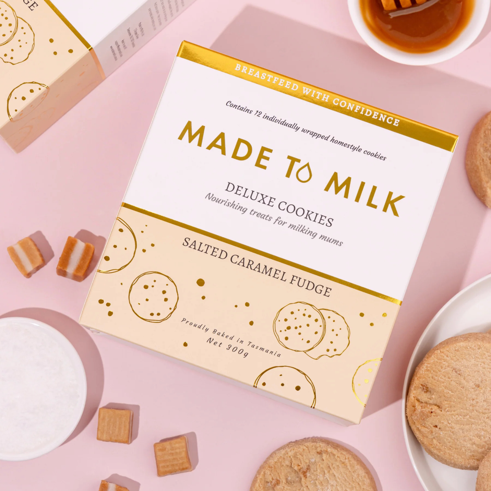 Box of 'Made to Milk' deluxe cookies salted caramel fudge