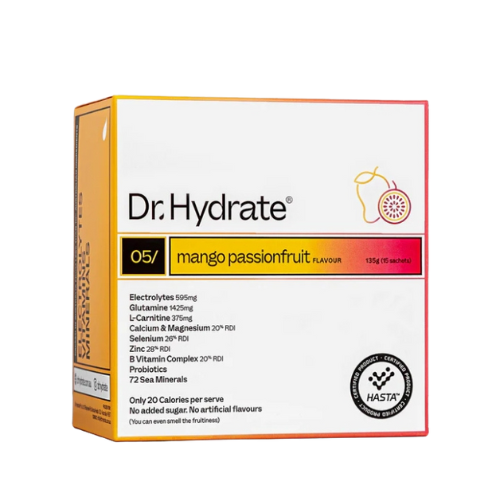 Box of Dr. Hydrate mango passionfruit flavor 15 sachet