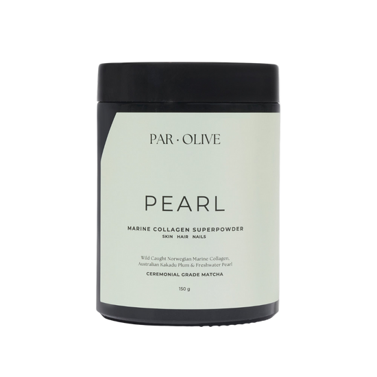 Jar of PAR OLIVE Pearl Marine Collagen Superpowder on a white background