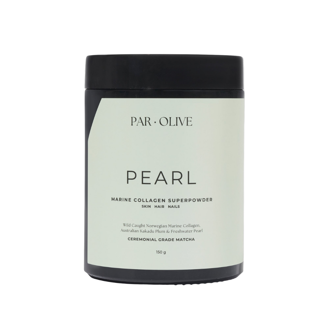 Jar of PAR OLIVE Pearl Marine Collagen Superpowder on a white background