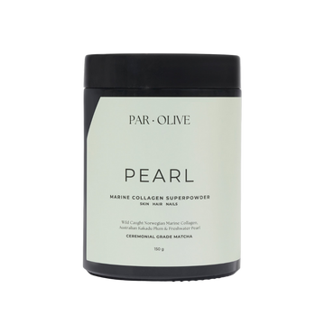 Jar of PAR OLIVE Pearl Marine Collagen Superpowder on a white background