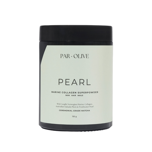Jar of PAR OLIVE Pearl Marine Collagen Superpowder on a white background