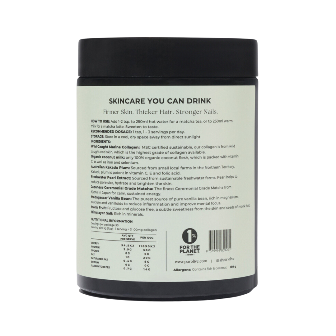 Container of a skincare supplement with text on a white background