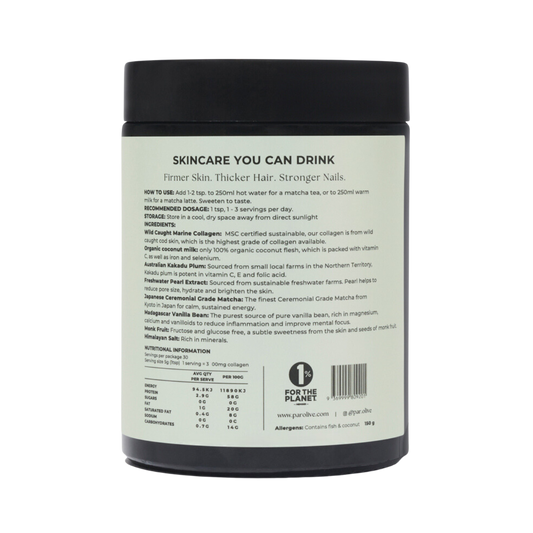 Container of a skincare supplement with text on a white background