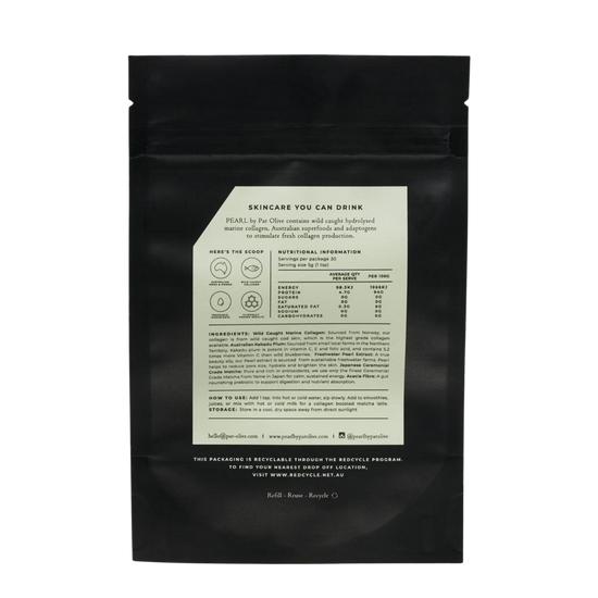 Black pouch with skincare product label on a white background