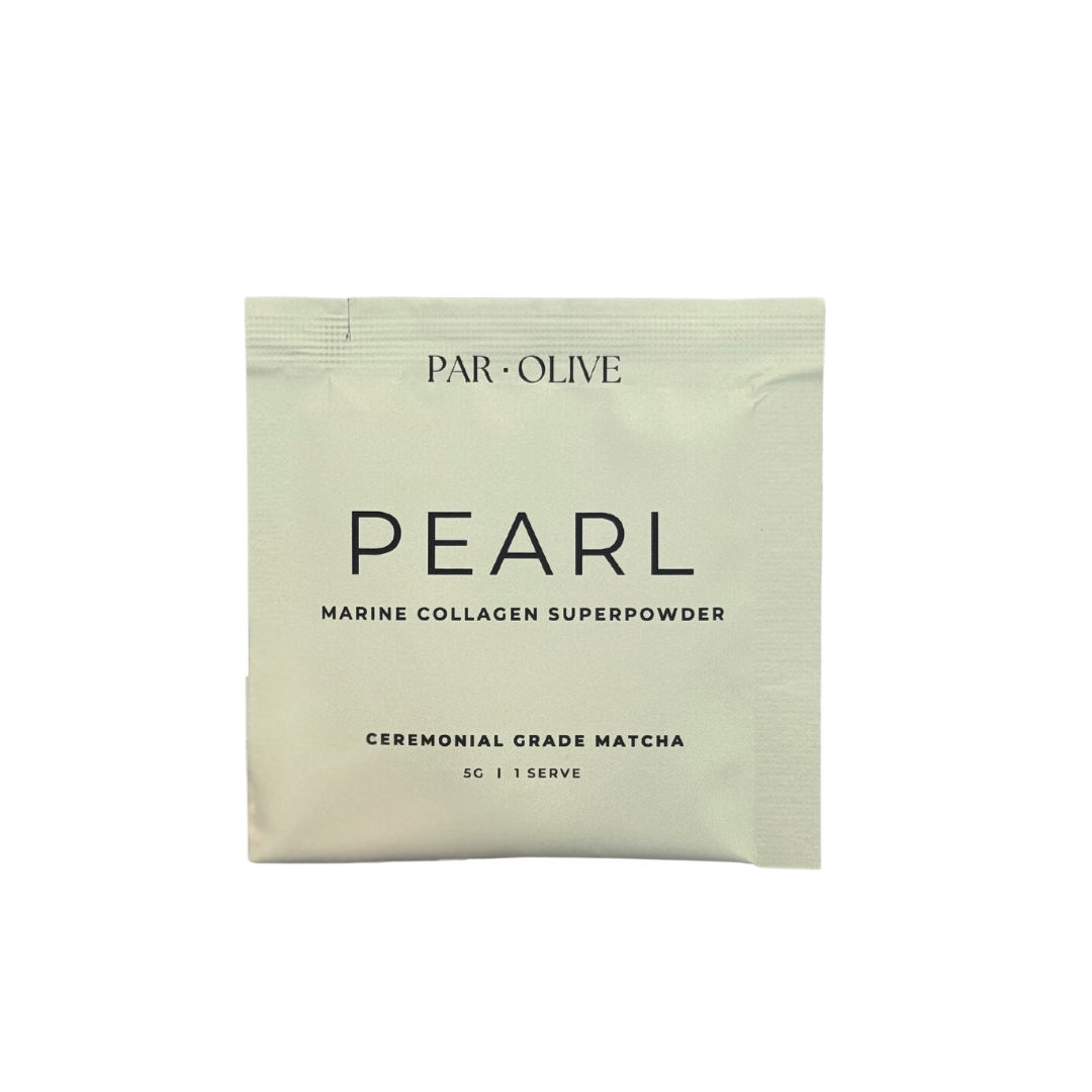 Pearl Collagen Super Powder single serve sachet in the flavour matcha