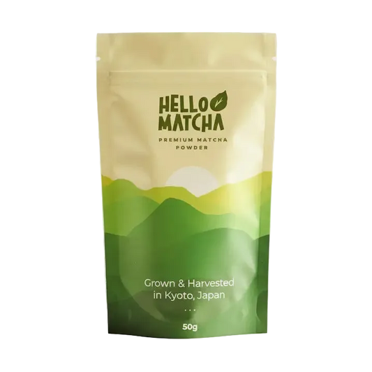 Hello Matcha premium matcha powder package. Grown & harvested in kyoto, japan.