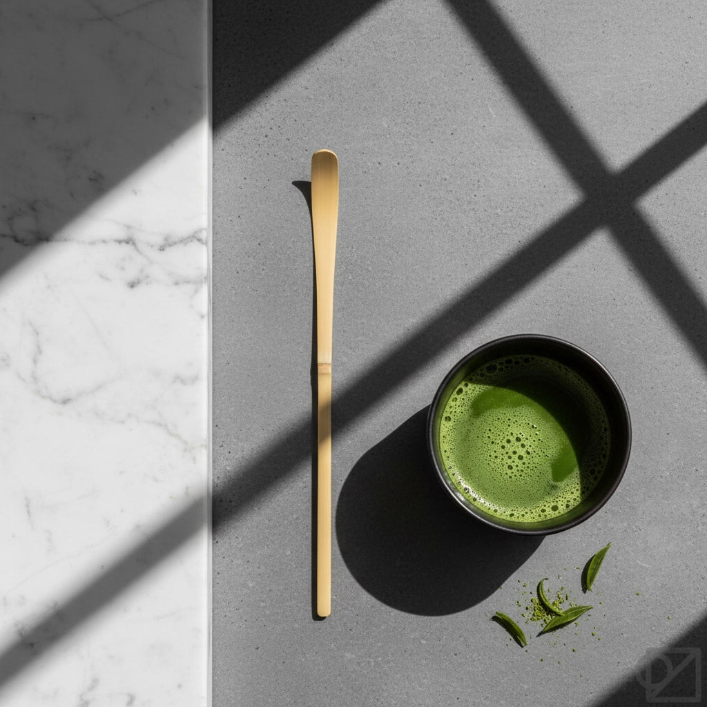 Matcha green tea in a black bowl with a bamboo matcha spoon on a gray surface