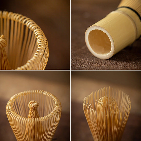 Collage of a bamboo matcha whisk used for making matcha tea on a brown background