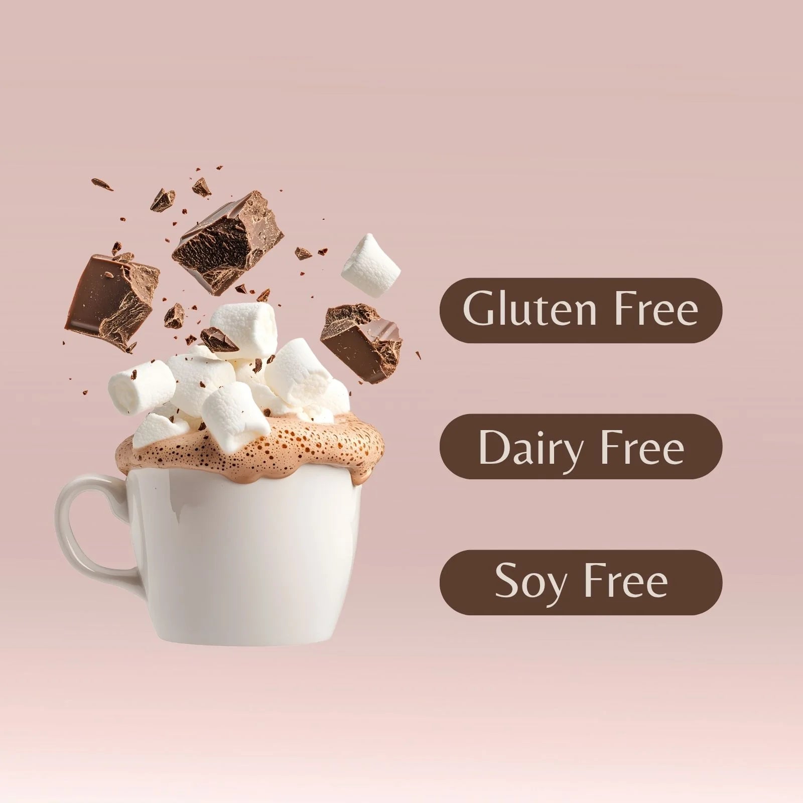 Hot chocolate with marshmallows and chocolate pieces on a pink background, labeled as gluten free, dairy free, and soy free.