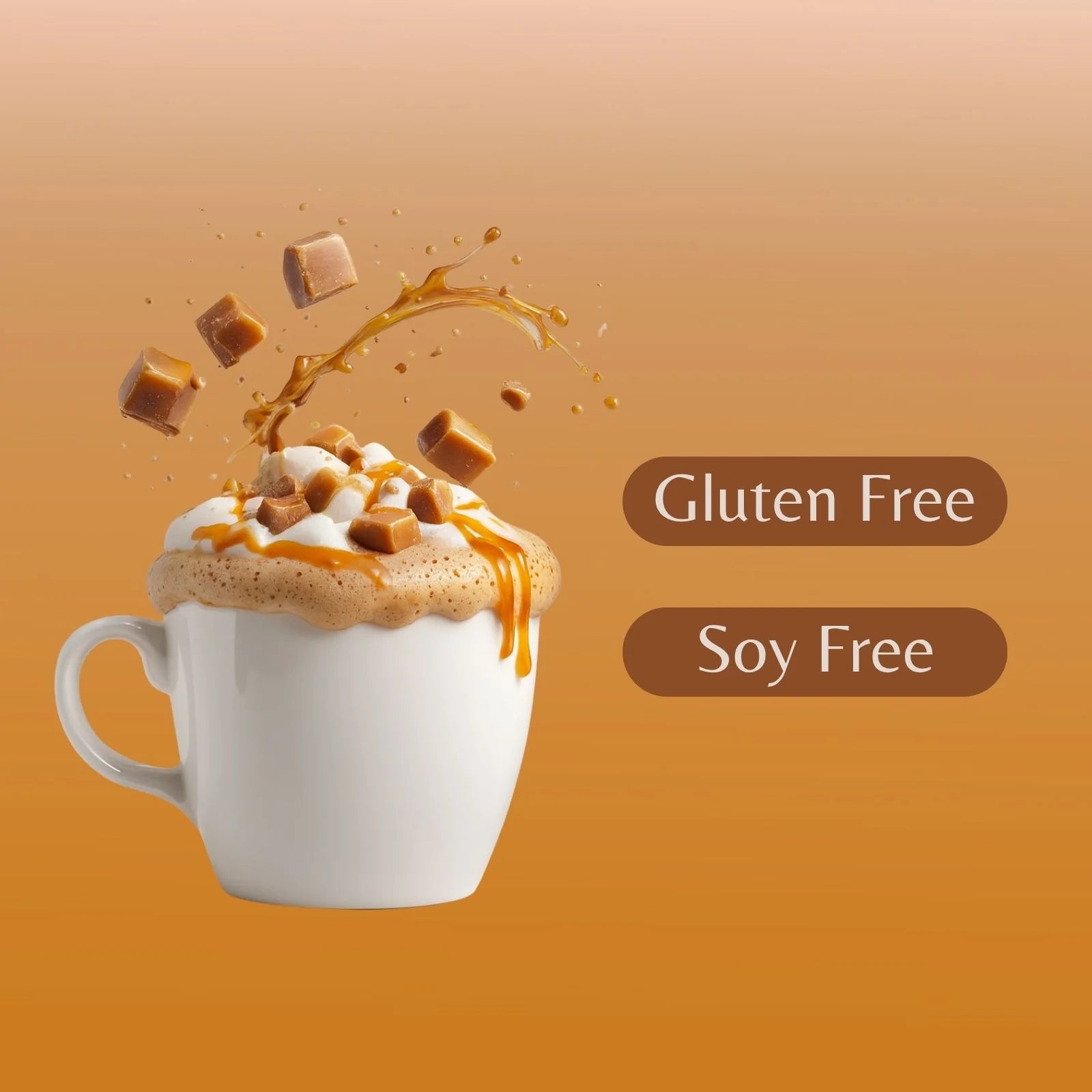 White mug with a caramel-themed dessert on an orange background, labeled 'Gluten Free' and 'Soy Free'.