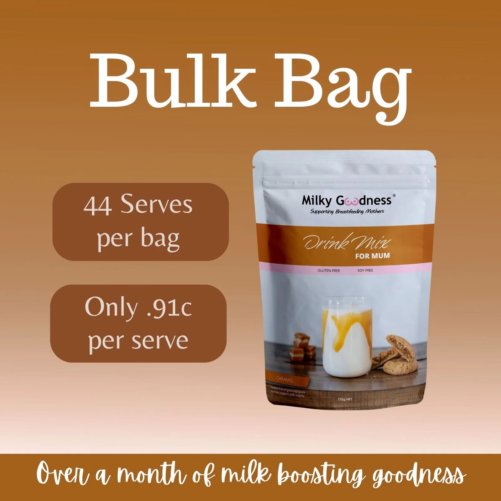 Milky Goodness lactation caramel drink mix package with promotional text on a gradient background