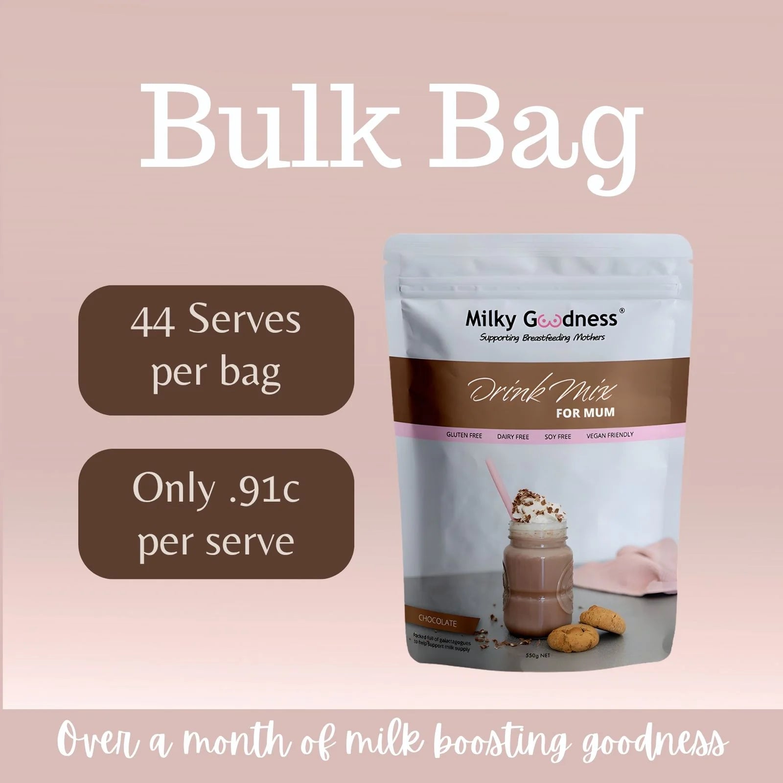 Milky Goodness lactation drink mix package with promotional text saying 44 serves per bag on a pink background