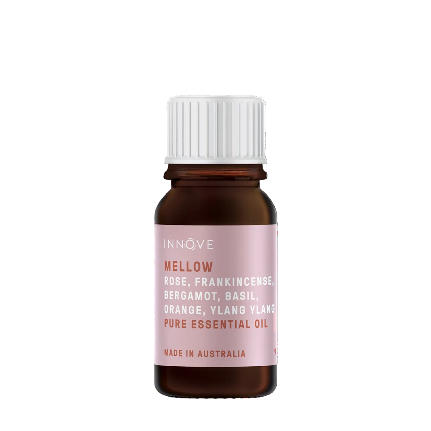 10mls Essential oil bottle named Mellow with rose, frankincense, bergamot, basil, orange and ylang ylang with a white cap on a Transparent background