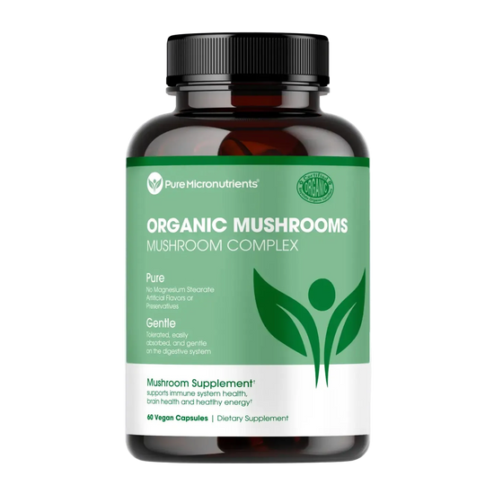 Supplement bottle labeled 'Organic Mushrooms' by Pure Micronutrients on a transparent background