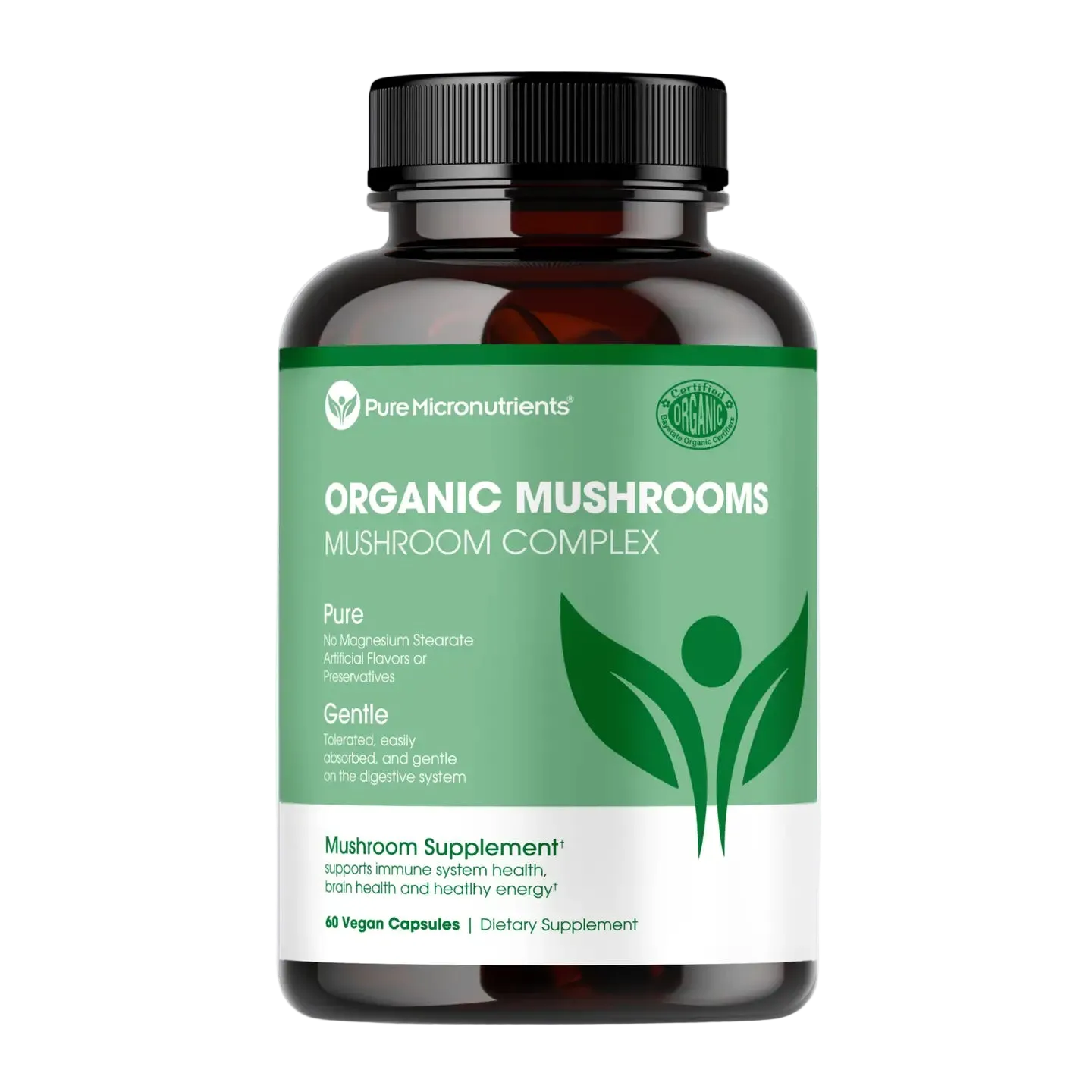 Supplement bottle labeled 'Organic Mushrooms' by Pure Micronutrients on a transparent background