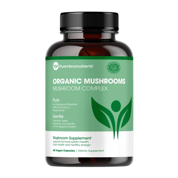 Supplement bottle labeled 'Organic Mushrooms' by Pure Micronutrients on a transparent background