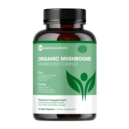 Supplement bottle labeled 'Organic Mushrooms' by Pure Micronutrients on a transparent background