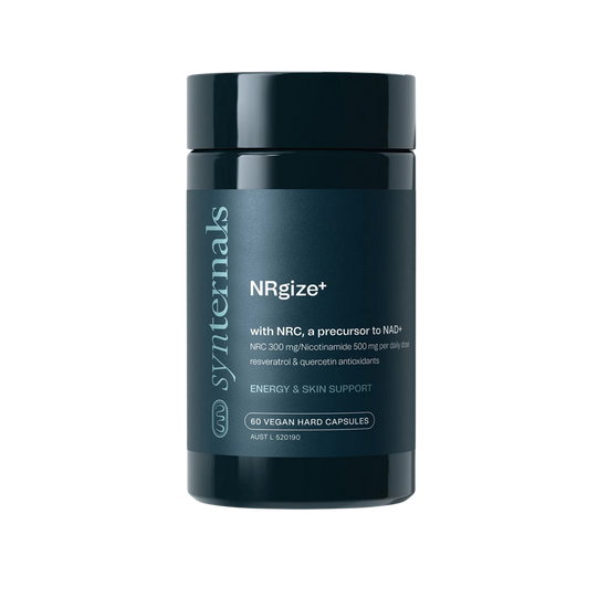 Navy supplement container labeled 'NRGize+' by Synternals