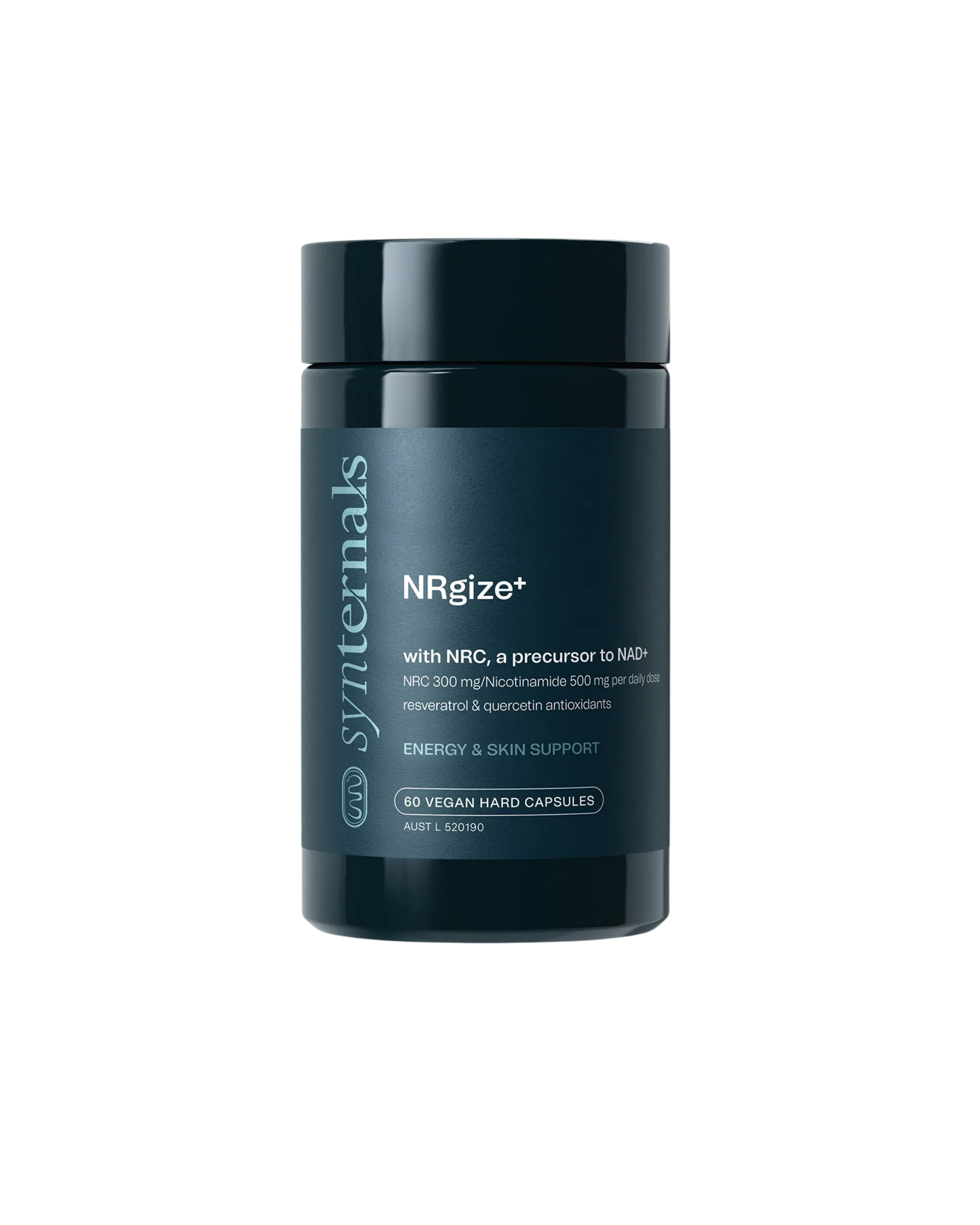 Navy supplement container labeled 'NRGize+' by Synternals
