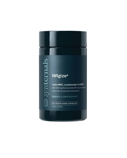 Navy supplement container labeled 'NRGize+' by Synternals
