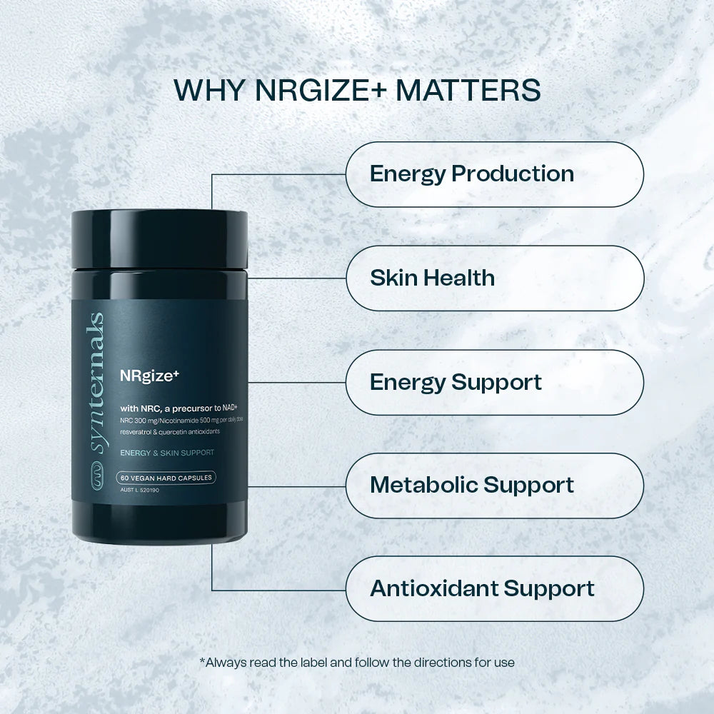 NRGIZE+ supplement container with benefits listed on a textured gray background