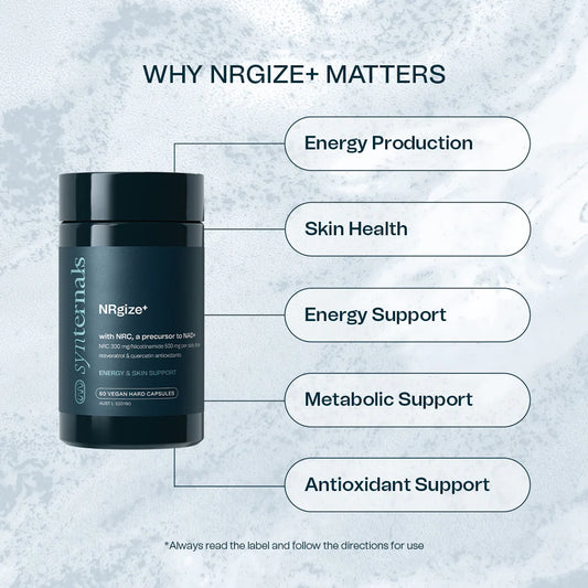 NRGIZE+ supplement container with benefits listed on a textured gray background
