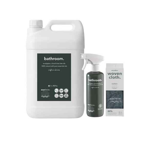 Bathroom cleaning products including a large refill container, spray bottle, and woven cloth .