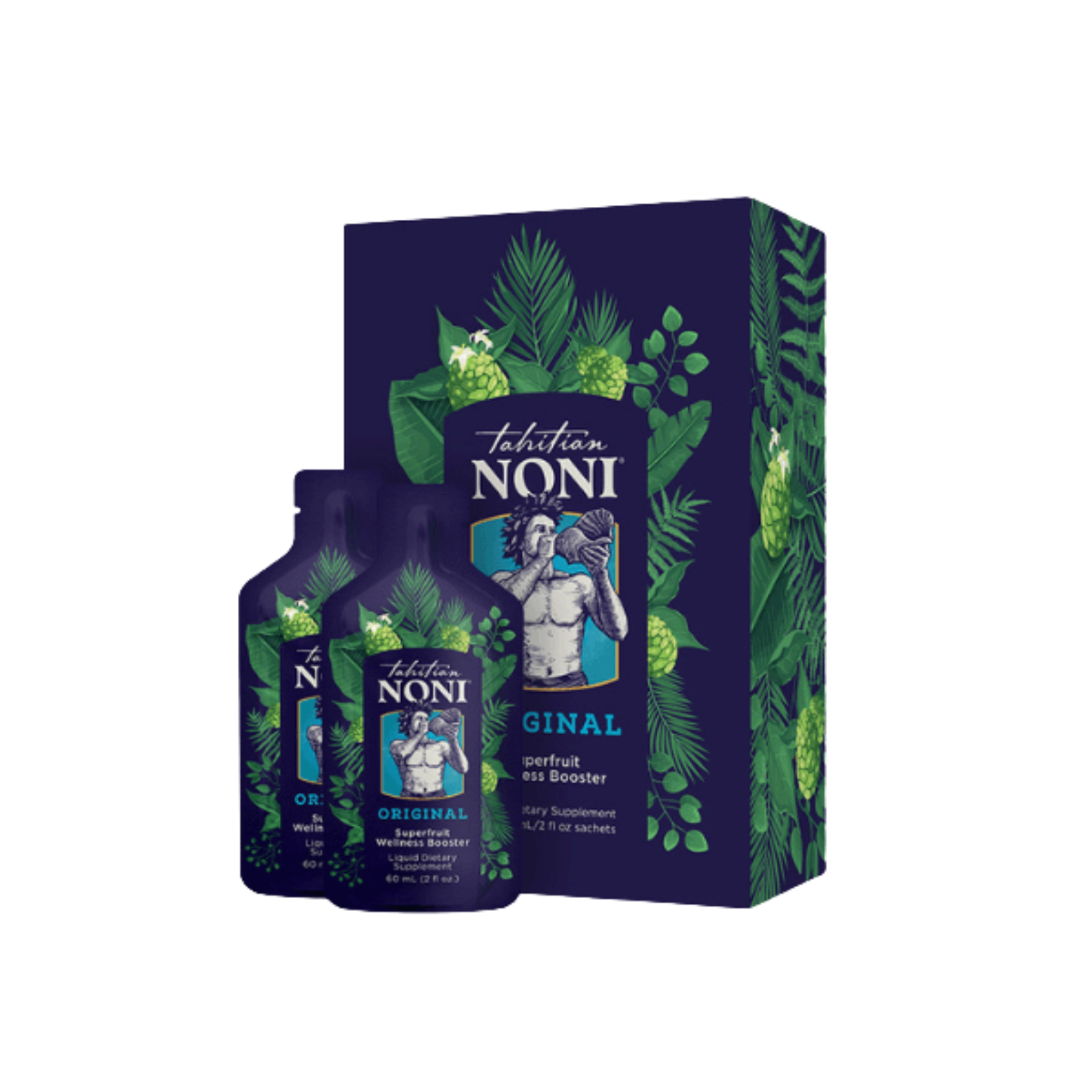 Tahitian Noni Original superfruit wellness booster box packaging with tropical leaf design 